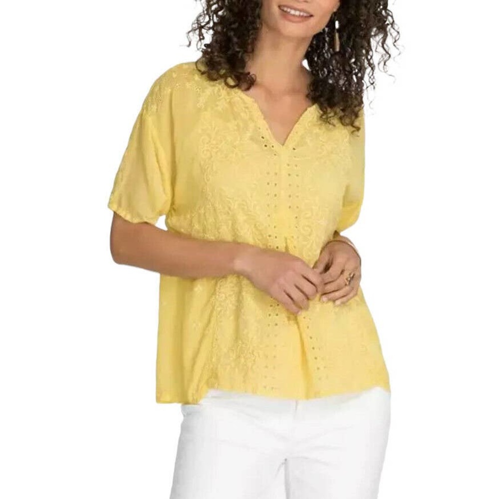 Johnny Was Embroidered Blouse Top in Yellow Cupra Rayon, size Small